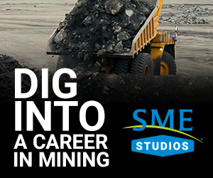 Truck dumping material with the words Dig into a career in mining next to the SME Studios logo